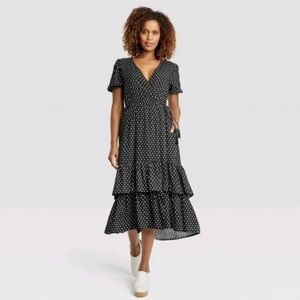 Knox Rose Black Polka Dot Wrap Maxi Dress, Size 1X